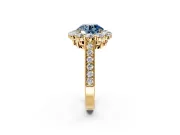 Halo Engagement Ring Setting for Fancy Blue Round Cut Center with Milgrain Channel Band and Prong Head in Yellow Gold