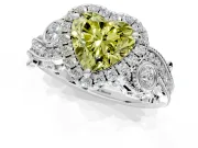 Milgrain Halo Engagement Ring Setting for Fancy Yellow Heart-Shaped Center with Shoulder Bezels and Prong Head in White Gold