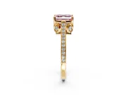 Cathedral Engagement Ring Setting for Fancy Pink Asscher Cut Center with Antique-Style Pave Band and Prong Head in Yellow Gold