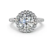Pave Halo Engagement Ring Setting for Round Cut Center with Single Row Pave Band and Prong Head in White Gold