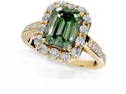 Floral Halo Engagement Ring Setting for Fancy Green Emerald Cut Center with Large Halo Accents and Prong Head in Yellow Gold