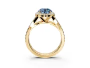 Halo Engagement Ring Setting for Fancy Blue Round Cut Center with Narrow Pave Split Shank and Prong Head in Yellow Gold