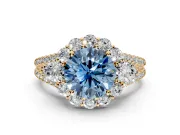 Halo Engagement Ring Setting for Fancy Blue Round Cut Center with Two-Strand Split Shank and Prong Head in Yellow Gold