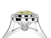 Halo Engagement Ring Setting for Fancy Yellow Cushion Cut Center with Milgrain Frame, Pave Band and Prong Head in White Gold