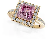 Pave Halo Engagement Ring Setting for Fancy Pink Princess Cut Center with Single Row Pave Band and Prong Head in Yellow Gold