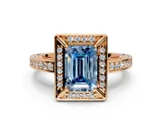 Halo Engagement Ring Setting for Fancy Blue Emerald Cut Center with Framed Halo, Pave Band and Prong Head in Rose Gold