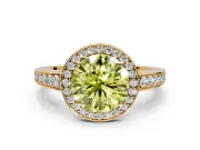 Bezel-Framed Halo Engagement Ring Setting for Fancy Yellow Round Cut Center with Pave Band and Prong Head in Yellow Gold