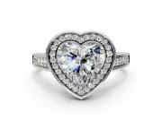 Halo Engagement Ring Setting for Heart-Shaped Center with Outer Bezel Rim, Pave Band and Prong Head in Sterling Silver