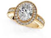 Milgrain Halo Engagement Ring Setting for Oval Center with Pave Band and Prong Head in Yellow Gold