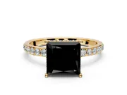 Hidden Halo Engagement Ring Setting for Fancy Black Princess Cut Center with Pave Band and Prong Head in Yellow Gold