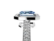 Milgrain Halo Engagement Ring Setting for Fancy Blue Asscher Cut Center with Three-Sided Pave Band and Prong Head in Platinum