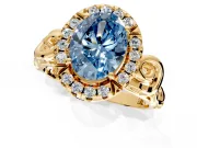 Halo Engagement Ring Setting for Fancy Blue Oval Center with Open Scroll Shoulders and Prong Head in Yellow Gold