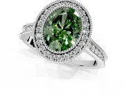 Halo Engagement Ring Setting for Fancy Green Oval Center with Milgrain Pave Band and Bezel Head in Platinum