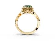 Halo Engagement Ring Setting for Fancy Green Heart-Shaped Center with Leaf Motif Split Shank and Prong Head in Yellow Gold