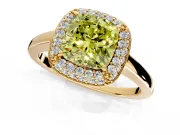 Halo Engagement Ring Setting for Fancy Yellow Cushion Cut Center with Plain Tapered Band and Prong Head in Yellow Gold