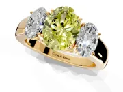 3 Stone Engagement Ring Setting for Fancy Yellow Oval Center with Raised Basket Heads and Prong Head in Yellow Gold