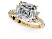 Paired Accent Engagement Ring Setting for Asscher Cut Center with Pave Band and Prong Head in Yellow Gold