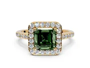 Halo Engagement Ring Setting for Fancy Green Asscher Cut Center with Pave Accents, Heart Basket and Prong Head in Yellow Gold