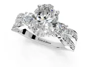 3 Stone Engagement Ring Setting for Oval Center with Pave Twist Band and Prong Head in Platinum