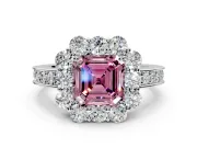 Halo Engagement Ring Setting for Fancy Pink Asscher Cut Center with Milgrain Channel Band and Prong Head in Platinum