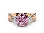 3 Stone Engagement Ring Setting for Fancy Pink Round Cut Center with Pave Twist Band and Prong Head in Rose Gold