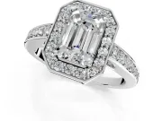 Bezel-Framed Halo Engagement Ring Setting for Emerald Cut Center with Pave Band and Prong Head in Sterling Silver
