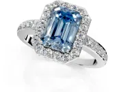 Halo Engagement Ring Setting for Fancy Blue Emerald Cut Center with Heart-Shaped Openwork, Pave Band and Prong Head in Sterling Silver