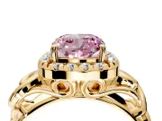 Halo Engagement Ring Setting for Fancy Pink Cushion Cut Center with Open Scroll Shoulders and Prong Head in Yellow Gold