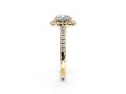 Halo Engagement Ring Setting for Cushion Cut Center with Narrowing Pave Band and Prong Head in Yellow Gold