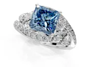 Halo Engagement Ring Setting for Fancy Blue Princess Cut Center with Marquise and Pave Bypass Band and Prong Head in White Gold