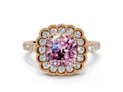 Milgrain Floral Halo Engagement Ring Setting for Fancy Pink Cushion Cut Center with Pave Band and Prong Head in Rose Gold