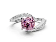 Solitaire Engagement Ring Setting for Fancy Pink Cushion Cut Center with Pave Bypass Swirl Band and Prong Head in White Gold
