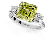 3 Stone Engagement Ring Setting for Fancy Yellow Asscher Cut Center with Crossover Basket, Pave Band and Prong Head in Platinum