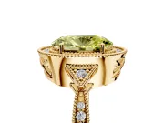Halo Engagement Ring Setting for Fancy Yellow Oval Center with Milgrain Rim, Pave Band and Prong Head in Yellow Gold