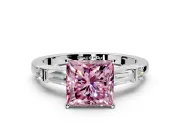 Bar-Set Engagement Ring Setting for Fancy Pink Princess Cut Center with Tapered Baguette Accents and Prong Head in White Gold