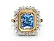 Halo Engagement Ring Setting for Fancy Blue Radiant Cut Center with Milgrain Bezel Rim, Plain Band and Prong Head in Yellow Gold