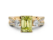 3 Stone Engagement Ring Setting for Fancy Yellow Emerald Cut Center with Pave Split Shank and Prong Head in Yellow Gold