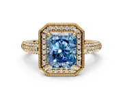 Milgrain Halo Engagement Ring Setting for Fancy Blue Radiant Cut Center with Three-Sided Pave Band and Prong Head in Yellow Gold