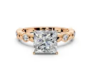Solitaire Engagement Ring Setting for Princess Cut Center with Beaded Bezel Station Band and Prong Head in Rose Gold