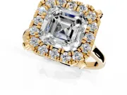 Single Halo Engagement Ring Setting for Asscher Cut Center with Corner Claws, Plain Band and Prong Head in Yellow Gold