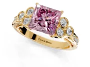 Cluster Engagement Ring Setting for Fancy Pink Princess Cut Center with Bezel Accent Clusters and Prong Head in Yellow Gold