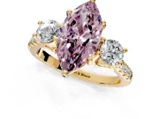 3 Stone Engagement Ring Setting for Fancy Pink Marquise Center with Crossover Basket, Pave Band and Prong Head in Yellow Gold