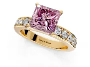 Solitaire Engagement Ring Setting for Fancy Pink Princess Cut Center with Channel-Set Accents and Prong Head in Yellow Gold