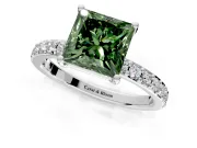 Solitaire Engagement Ring Setting for Fancy Green Princess Cut Center with Round Cut Pave Band and Prong Head in White Gold