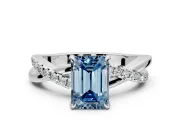 Crossover Engagement Ring Setting for Fancy Blue Emerald Cut Center with Pave and Plain Strands and Prong Head in Sterling Silver