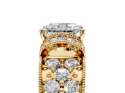Pave Engagement Ring Setting for Radiant Cut Center with Curved Accent Rows, Openwork and Prong Head in Yellow Gold