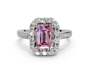 Floral Halo Engagement Ring Setting for Fancy Pink Emerald Cut Center with Large Halo Accents and Prong Head in Sterling Silver