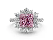 Floral Halo Engagement Ring Setting for Fancy Pink Princess Cut Center with Pave Accents and Prong Head in White Gold