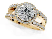 Halo Engagement Ring Setting for Round Cut Center with Wide-Open Pave Split Shank and Prong Head in Yellow Gold