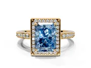 Halo Engagement Ring Setting for Fancy Blue Radiant Cut Center with Metal-Rimmed Halo, Pave Band and Prong Head in Yellow Gold